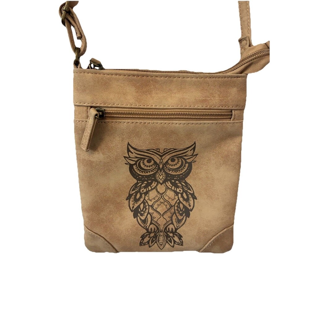 Owl Crossbody Purse Adjustable Strap Faux Leather Brown